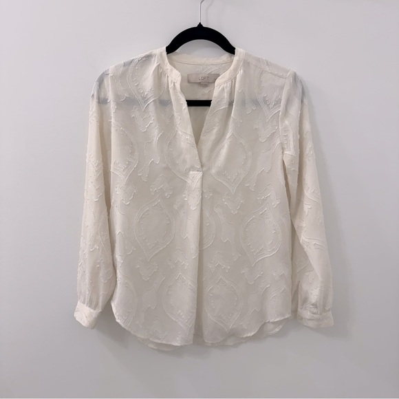 Loft Blossom Jacquard Split Neck Cream Ivory Blouse - Picture 11 of 11